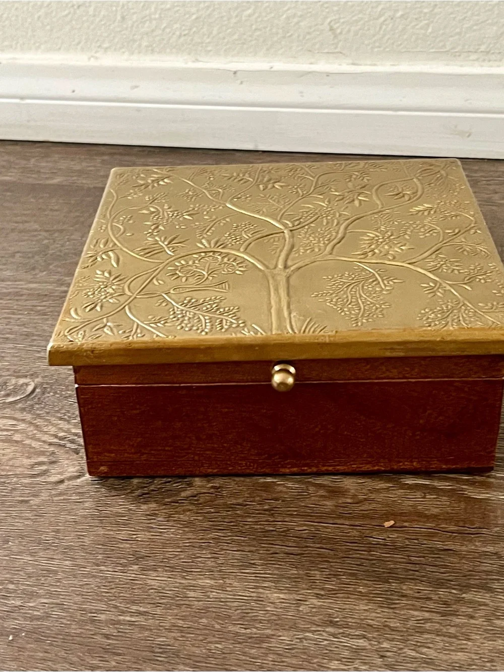 Decorative Gold and Brown Wooden Jewelry Box 7/7 inches 3 “ tall